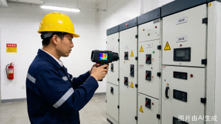 國內配電室現場，工程師使用手持紅外熱像儀對高壓開關柜開展非接觸測溫（示意）